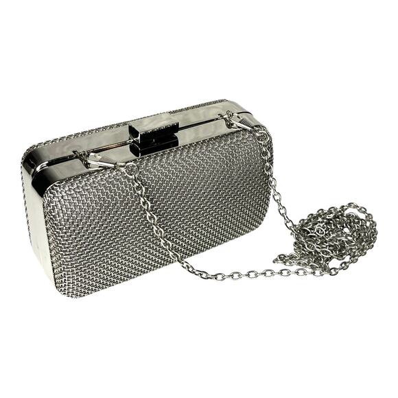 Bebe USA Metal Frame Fashion Clutch HANDBAG Purse Silver Shoulder Chain Strap - Picture 9 of 9